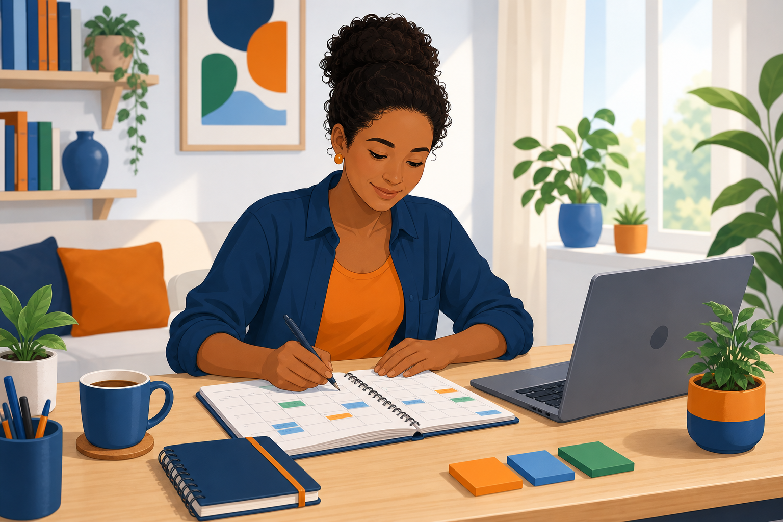Ilustração: uma educadora organizando seus estudos e planejando o percurso formativo com autonomia.