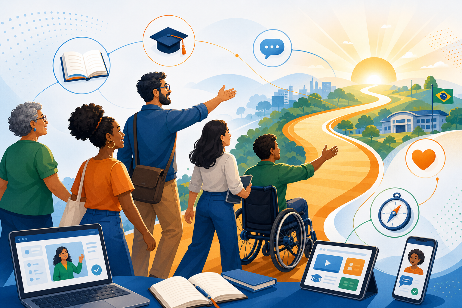 Capa de boas-vindas: um grupo diverso de educadores brasileiros (diferentes idades, tons de pele e uma pessoa em cadeira de rodas) olhando para um caminho que sobe rumo a um amanhecer, com uma escola e a bandeira do Brasil ao fundo, dispositivos de estudo e ícones de livro, capelo, diálogo, acolhimento e bússola.
