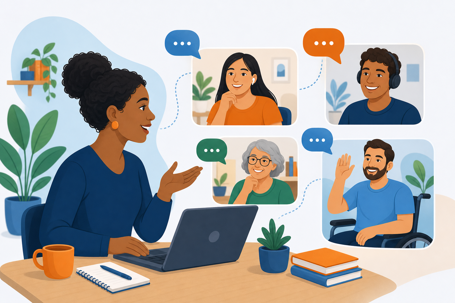 Ilustração de um diálogo acolhedor entre tutor e cursistas na Educação a Distância.