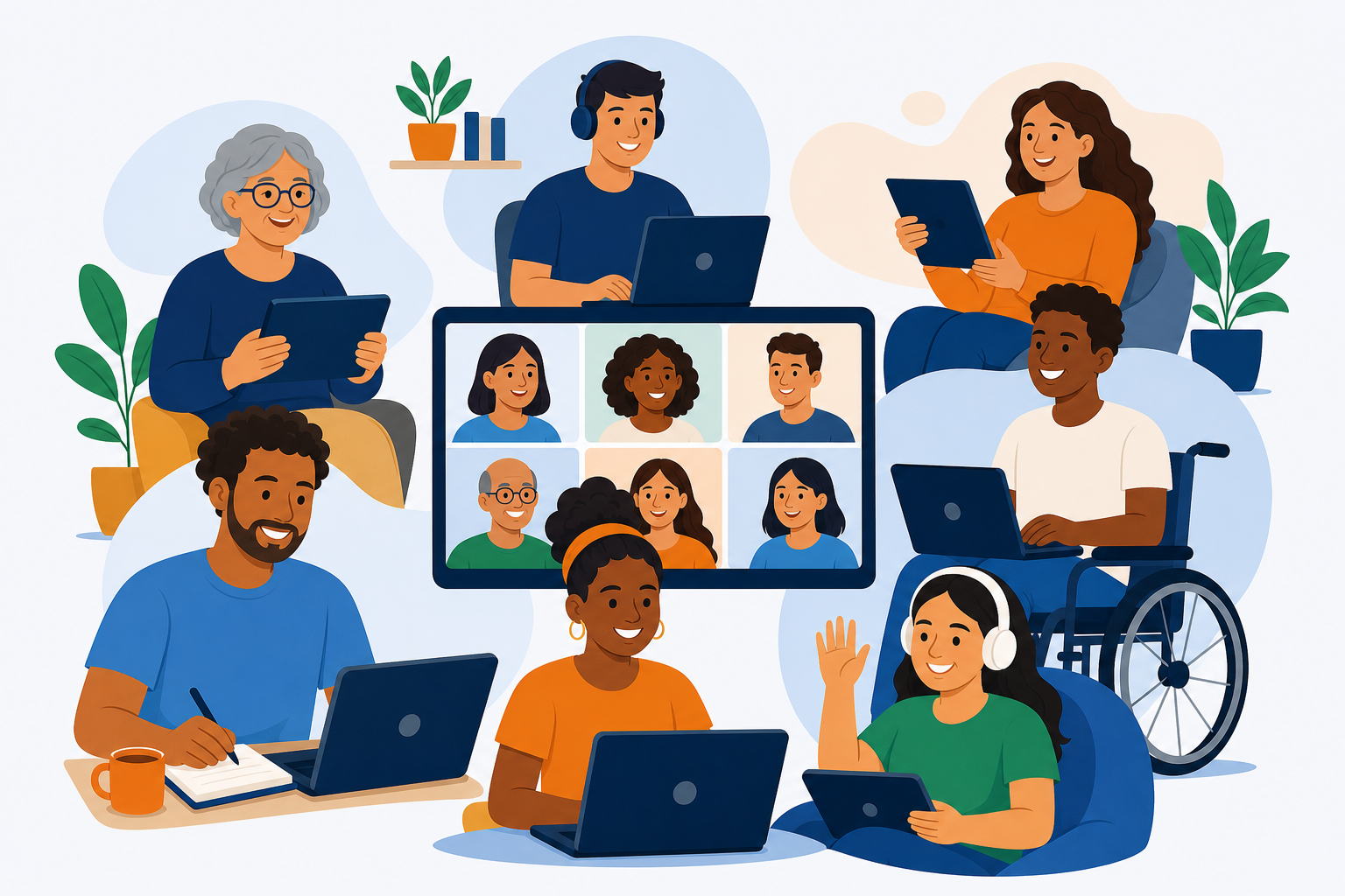 Ilustração da diversidade e inclusão em uma turma de Educação a Distância.