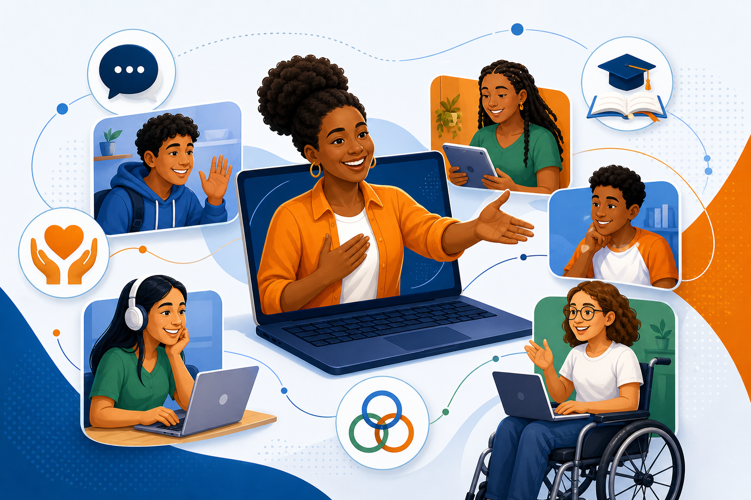 Capa da unidade: uma tutora ao centro, saindo da tela de um notebook, conectando-se com estudantes brasileiros diversos (diferentes tons de pele, idades e gêneros, incluindo uma pessoa em cadeira de rodas), cercada por ícones de diálogo, acolhimento, inclusão e aprendizagem.