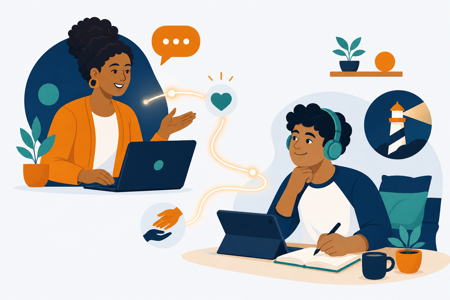 Ilustração no estilo do FNDE representando a tutoria na Educação a Distância: uma tutora acolhedora em diálogo, conectada por um fio com um coração (cuidado) a um estudante que estuda online; ao redor, ícones de conversa, acolhimento e um farol (orientação).