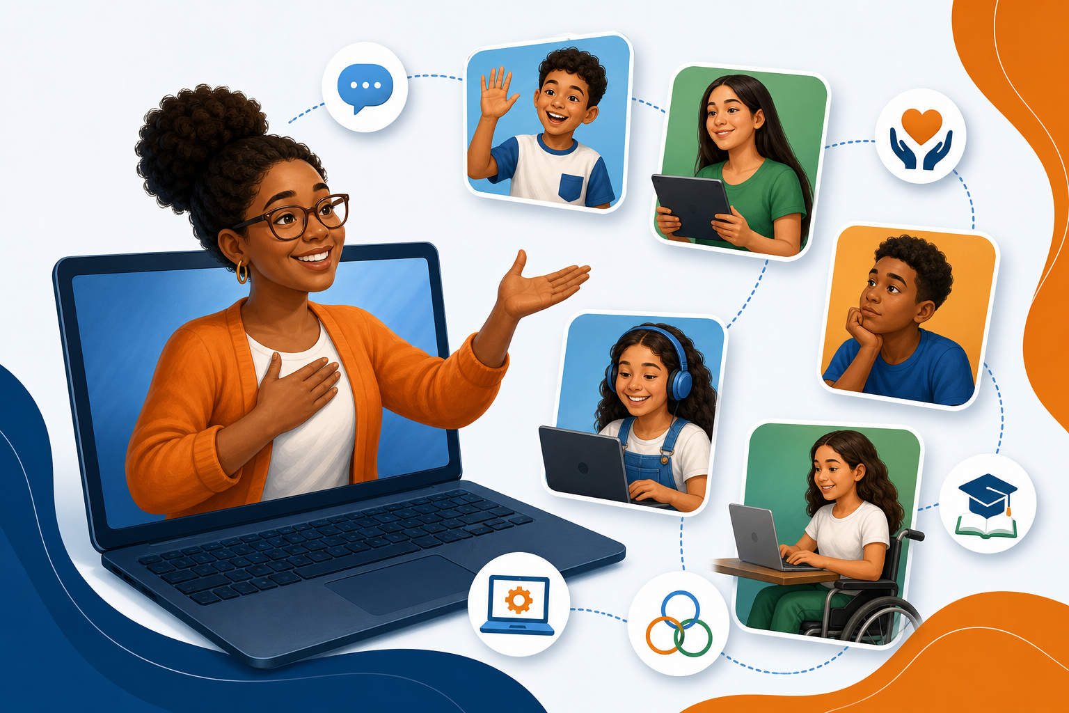 Capa da unidade 1.2: um tutor mediador ao centro, cercado pelos ícones das competências pedagógica, comunicacional, tecnológica e organizacional-relacional, conectando-se com cursistas.