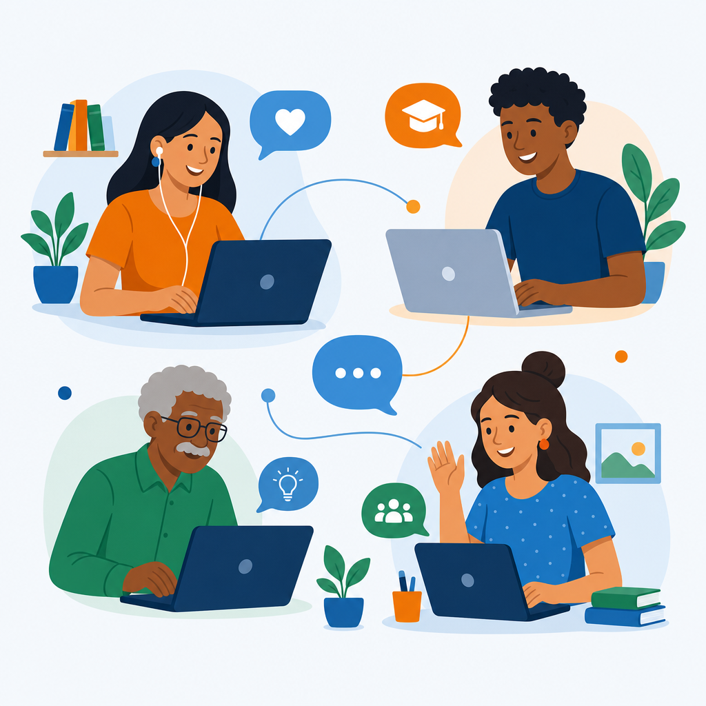 Ilustração: cursistas diversos colaborando e aprendendo em rede.
